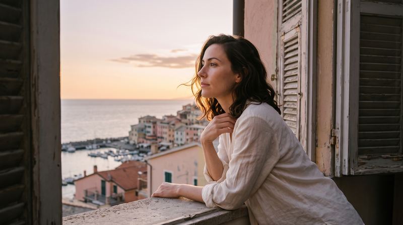 Una donna affacciata alla finestra guarda il porto di un borgo al tramonto