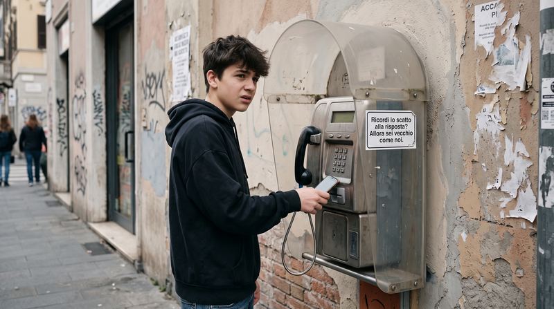 Ragazzo con lo smartphone davanti a una cabina telefonica con l'adesivo «Ricordi lo scatto alla risposta? Allora sei vecchio come noi.»