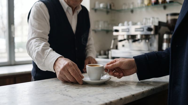Un barista anziano porge una tazzina di espresso a un cliente su un bancone di marmo