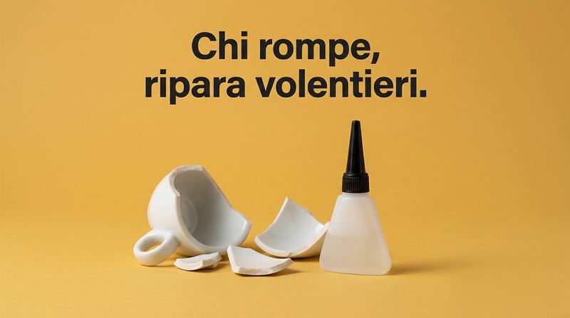 Tazzina bianca rotta accanto a un flacone di colla su fondo giallo, con la scritta «Chi rompe, ripara volentieri.»