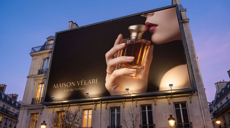 Cartellone del profumo Maison Vélare su un palazzo all'ora blu