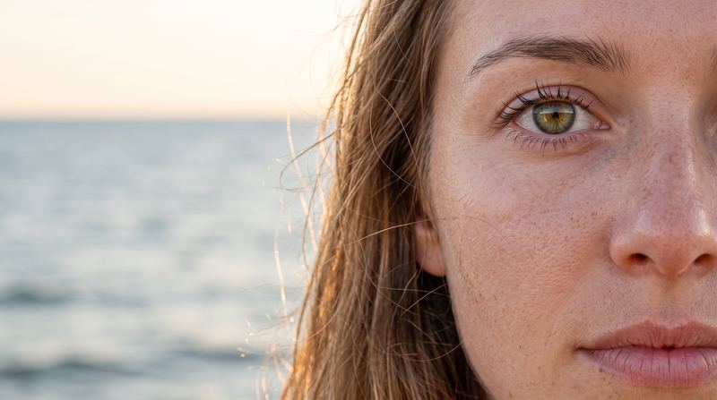Primo piano di metà volto di una donna con le lentiggini, il mare sullo sfondo