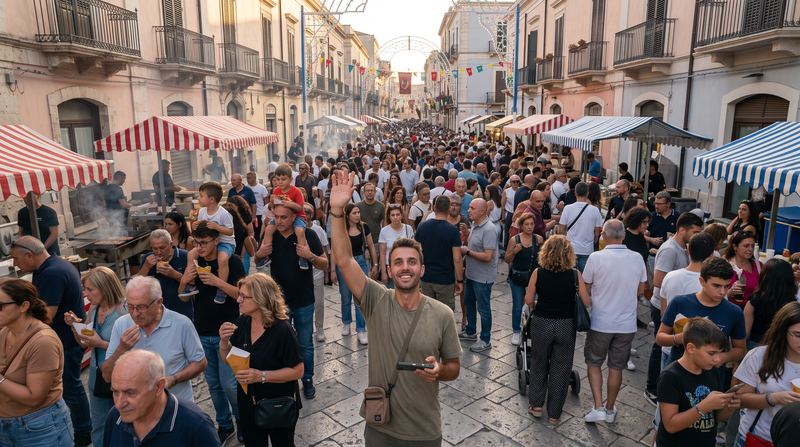 Folla in una strada addobbata per una sagra, con un ragazzo che saluta al centro