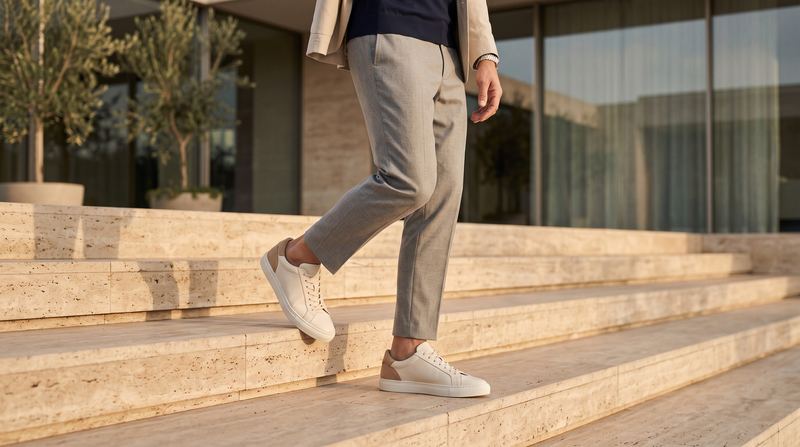 Un uomo in pantaloni grigi scende una scalinata di travertino con le sneaker avorio