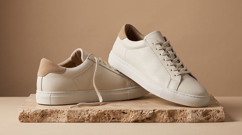Un paio di sneaker avorio con il tallone beige su una lastra di travertino