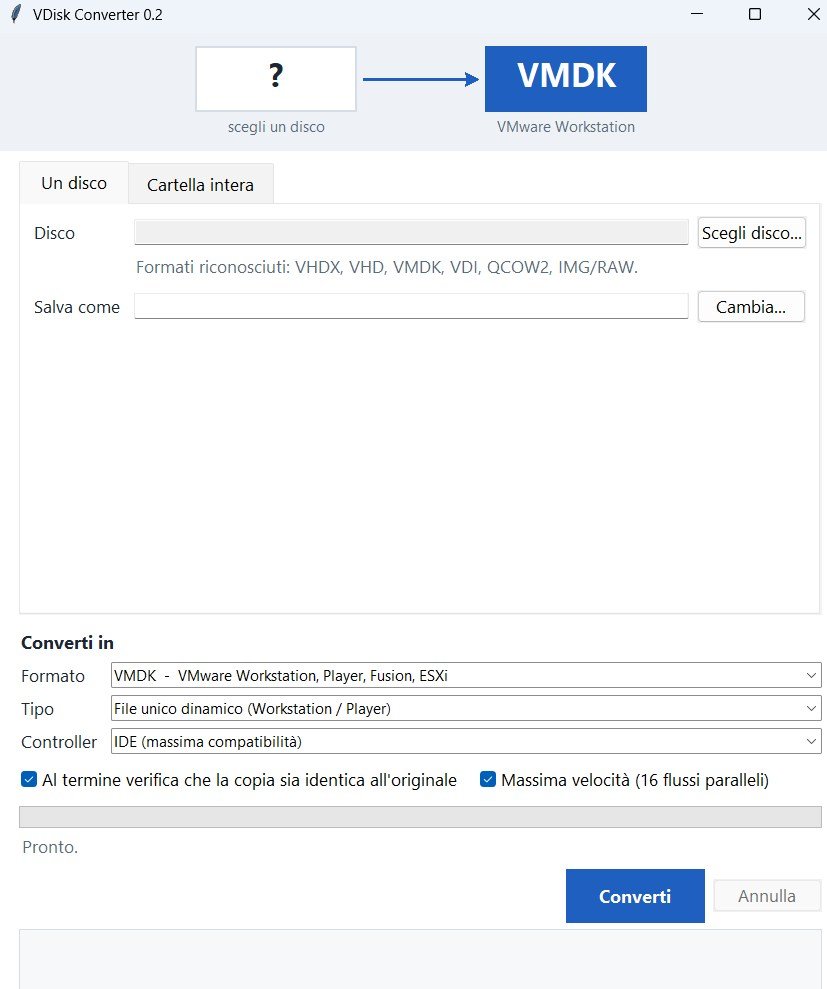 VDisk Converter 0.2 window converting to VMDK, with choice of disk, format, type, controller and copy verification