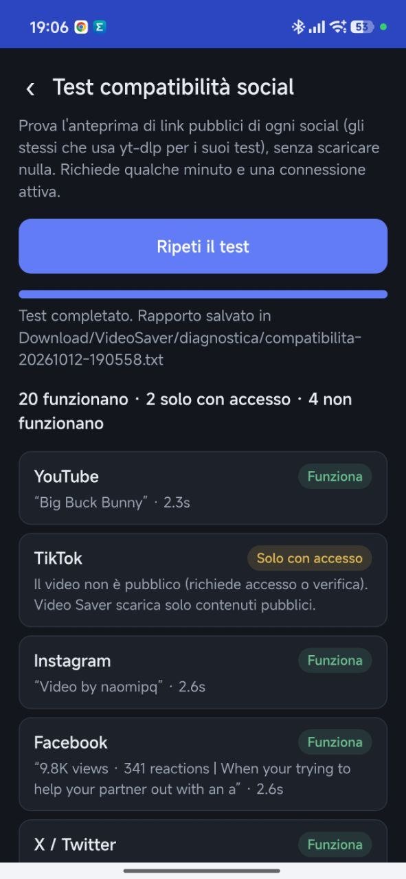 Test results: 20 work, 2 only when logged in, 4 do not work, with the list YouTube, TikTok, Instagram, Facebook