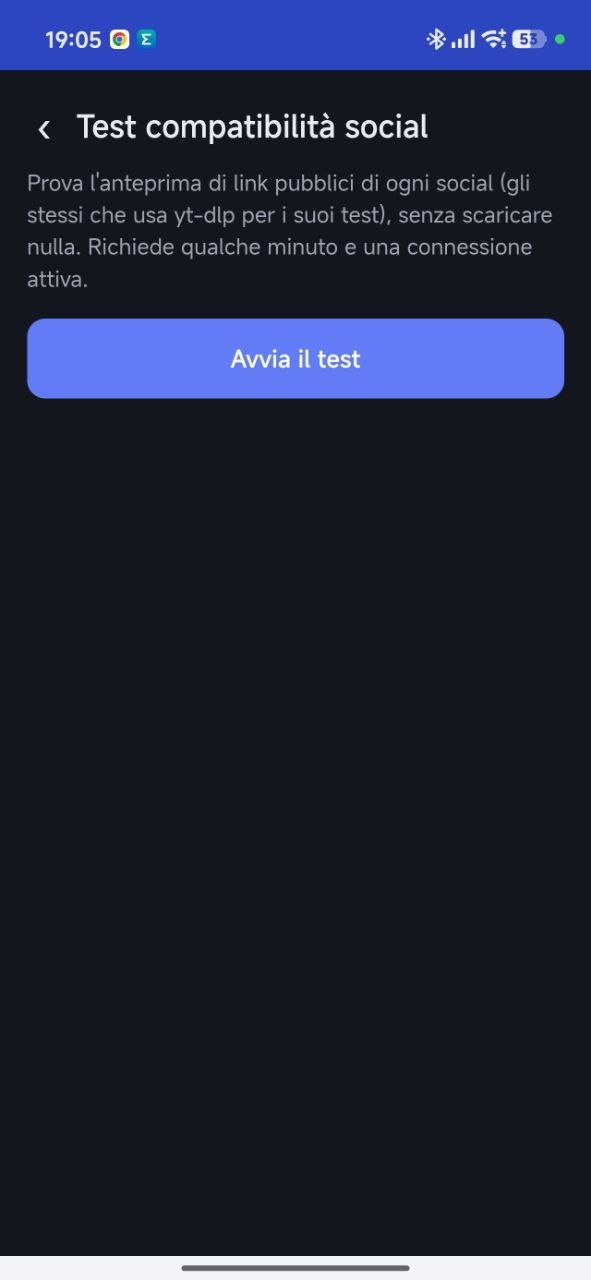 Social compatibility test screen with the Start test button (app interface in Italian)